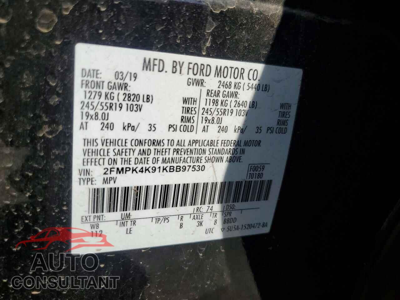 FORD EDGE 2019 - 2FMPK4K91KBB97530