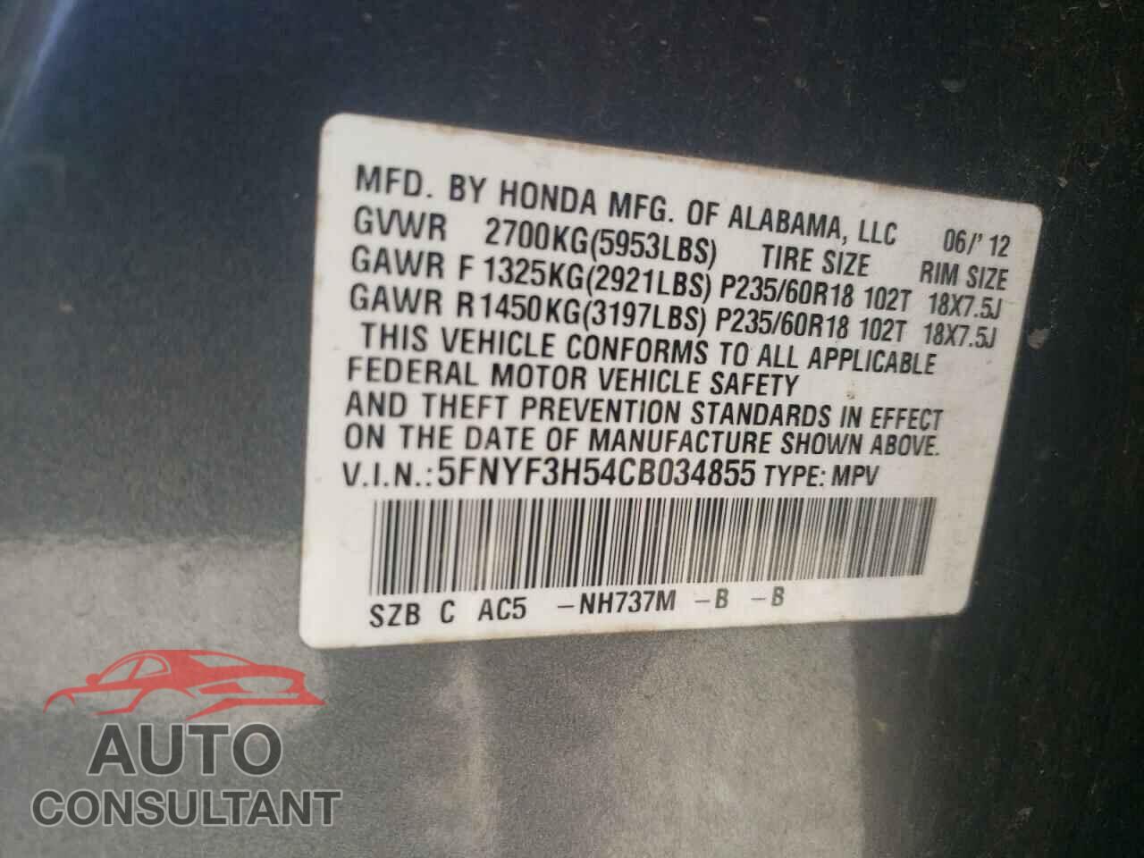 HONDA PILOT 2012 - 5FNYF3H54CB034855