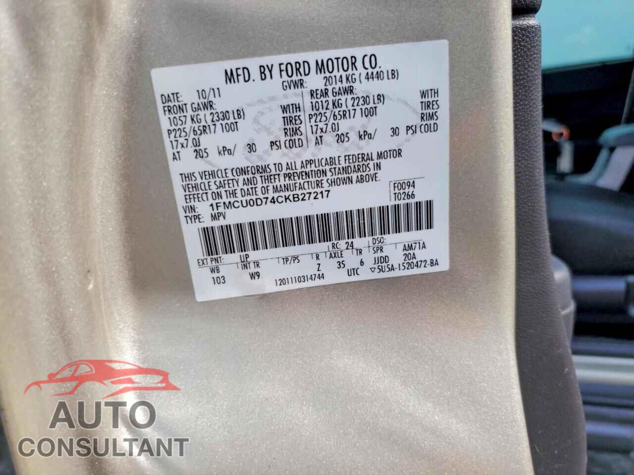 FORD ESCAPE 2012 - 1FMCU0D74CKB27217