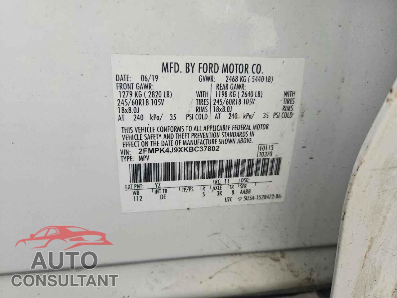 FORD EDGE 2019 - 2FMPK4J9XKBC37802