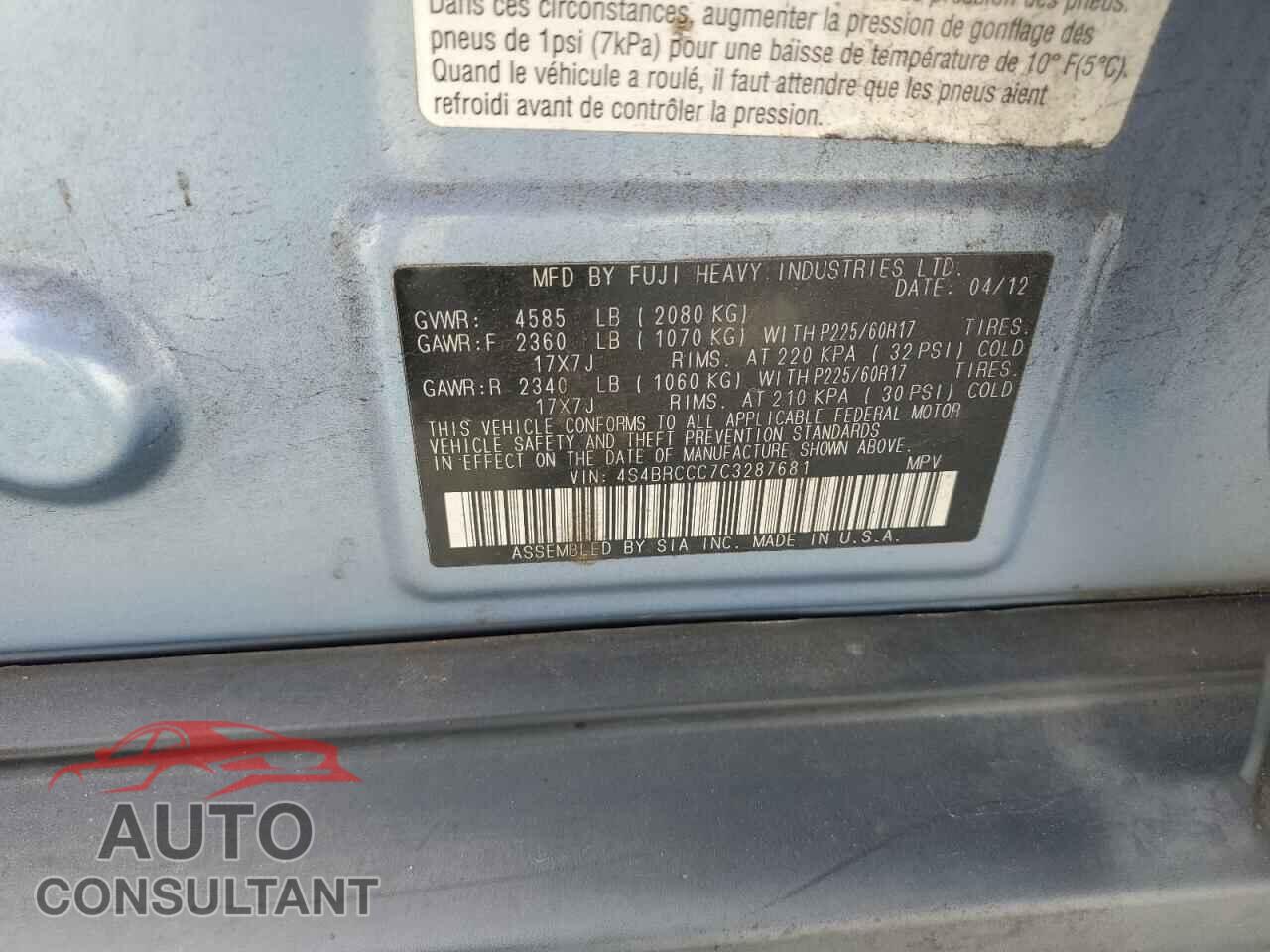 SUBARU OUTBACK 2012 - 4S4BRCCC7C3287681