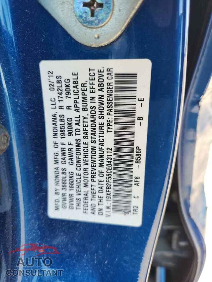 HONDA CIVIC 2012 - 19XFB2F56CE043112