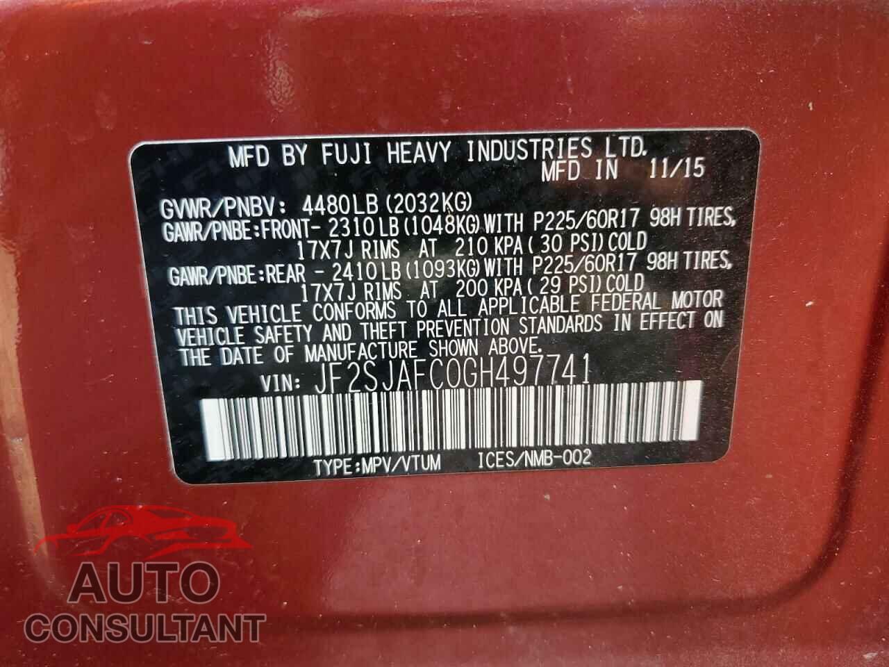 SUBARU FORESTER 2016 - JF2SJAFC0GH497741