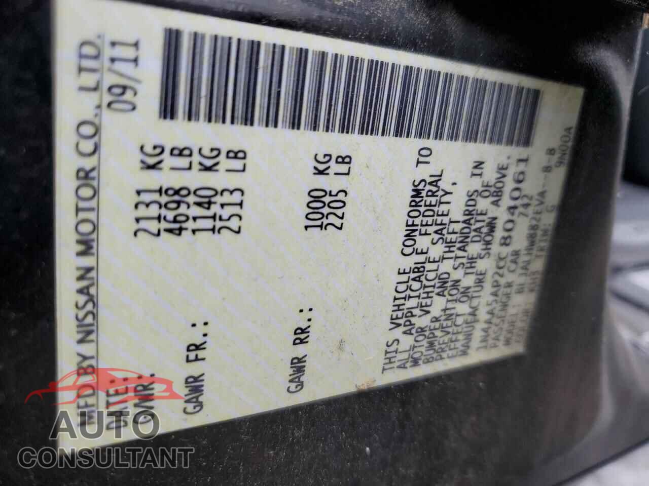 NISSAN MAXIMA 2012 - 1N4AA5AP2CC804061