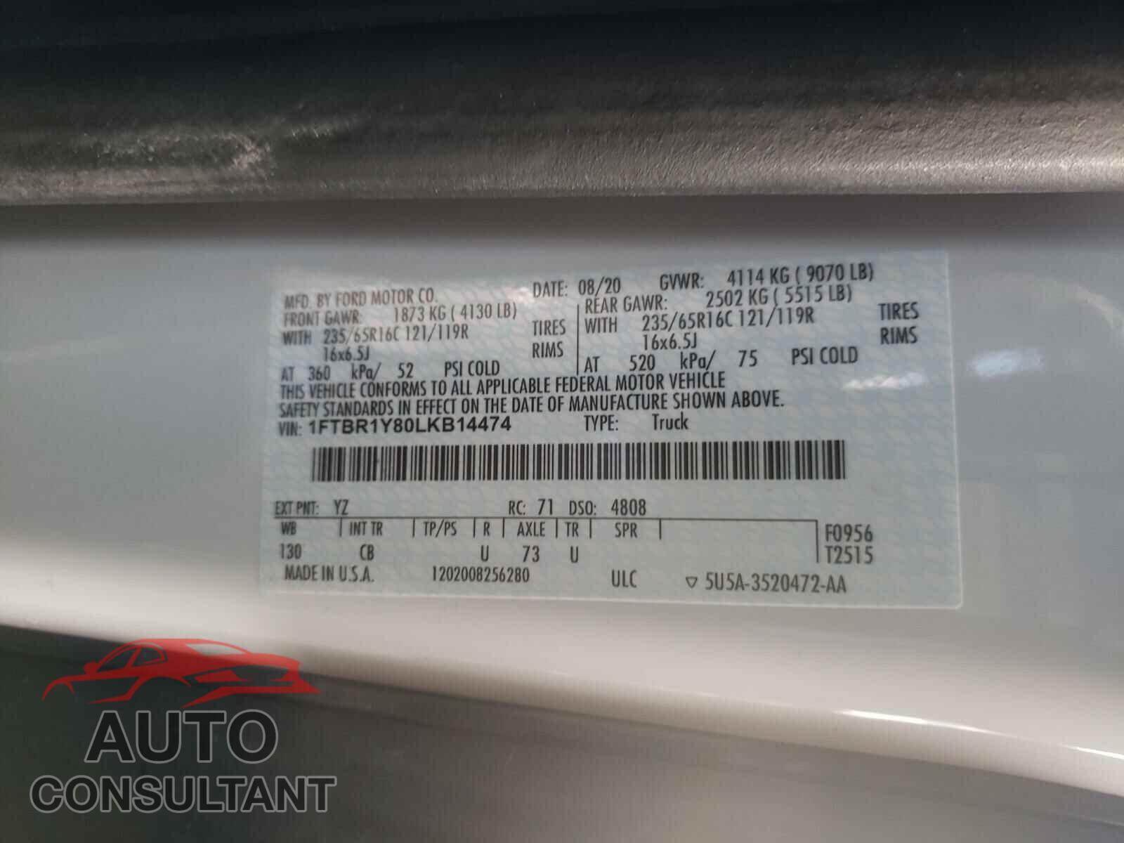 FORD TRANSIT CO 2020 - 1FTBR1Y80LKB14474