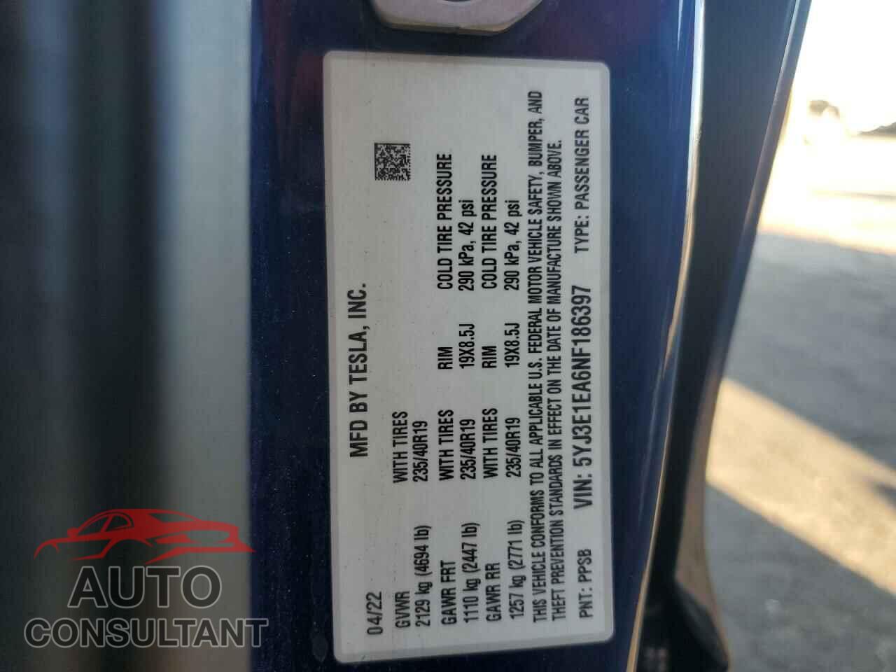 TESLA MODEL 3 2022 - 5YJ3E1EA6NF186397
