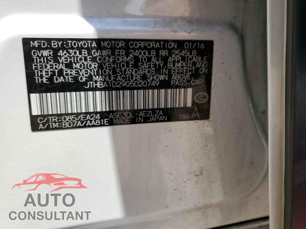 LEXUS IS 2016 - JTHBA1D29G5020749