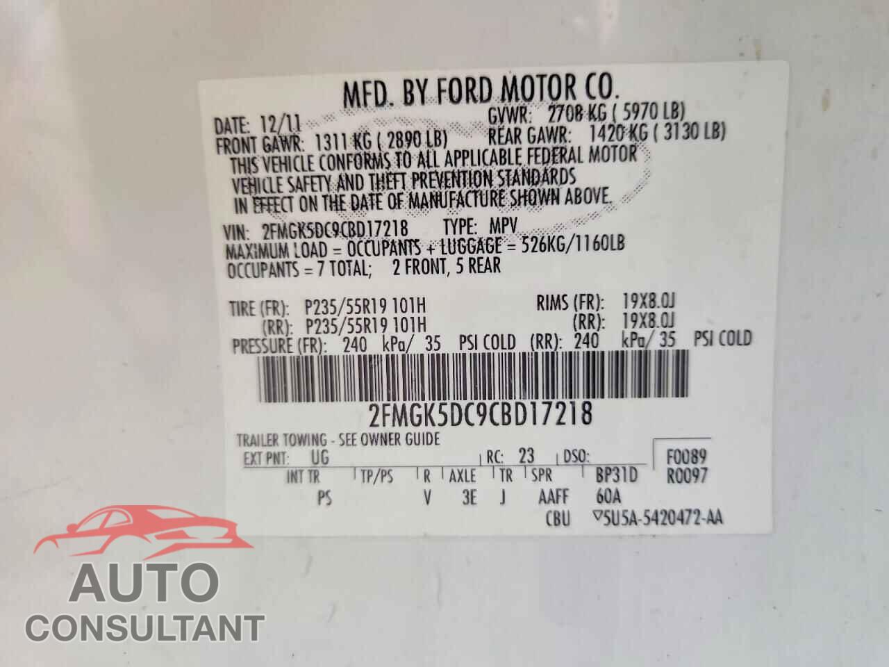 FORD FLEX 2012 - 2FMGK5DC9CBD17218
