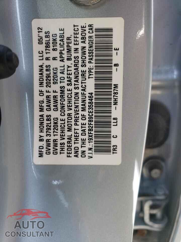 HONDA CIVIC 2012 - 19XFB2F89CE358464