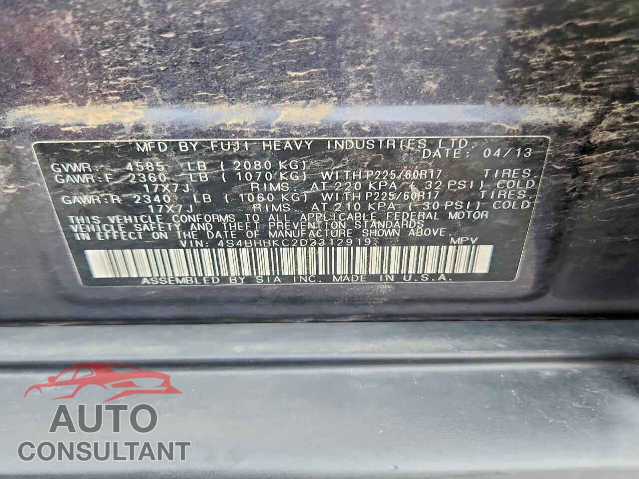 SUBARU OUTBACK 2013 - 4S4BRBKC2D3312919