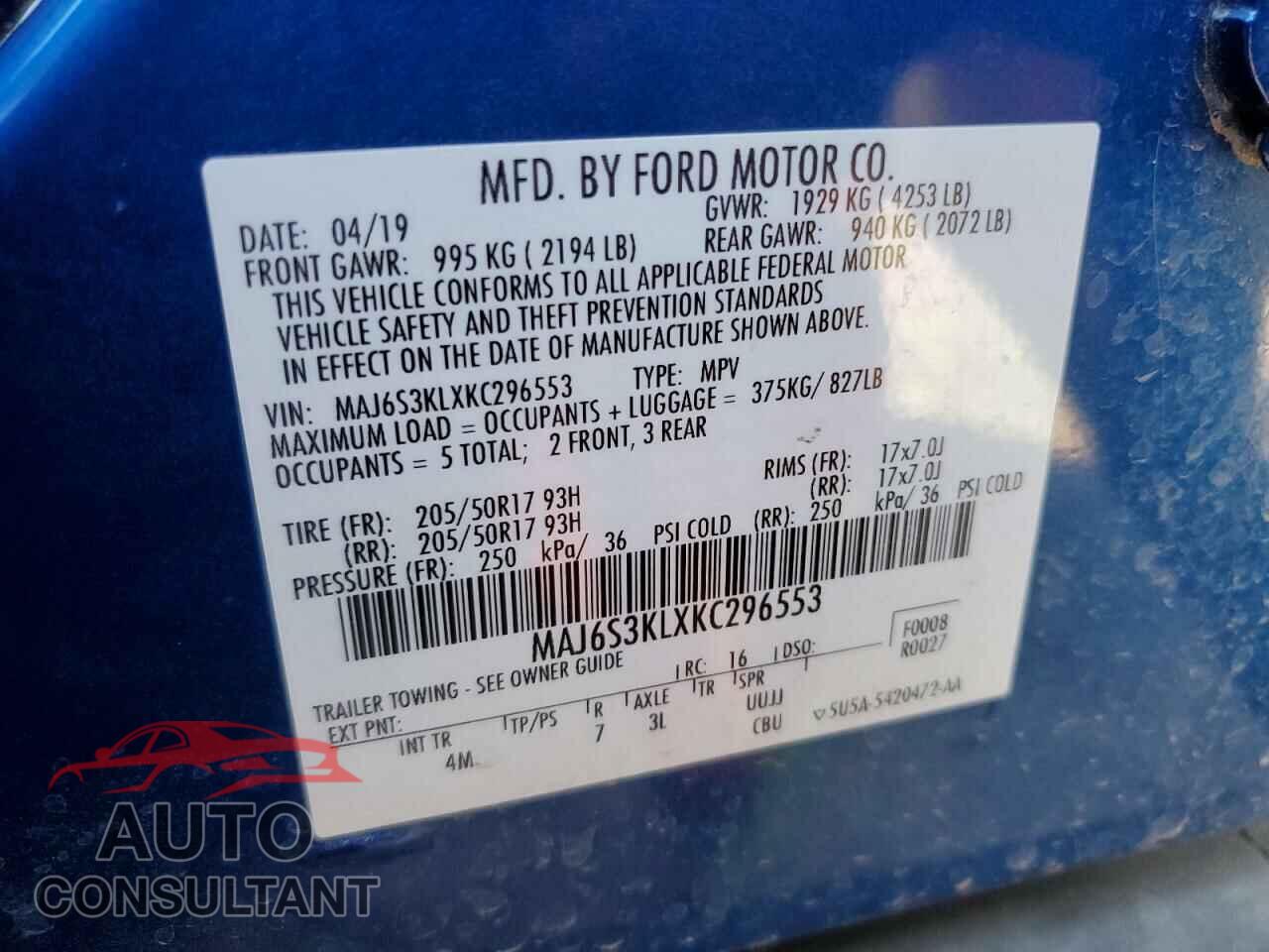 FORD ECOSPORT 2019 - MAJ6S3KLXKC296553