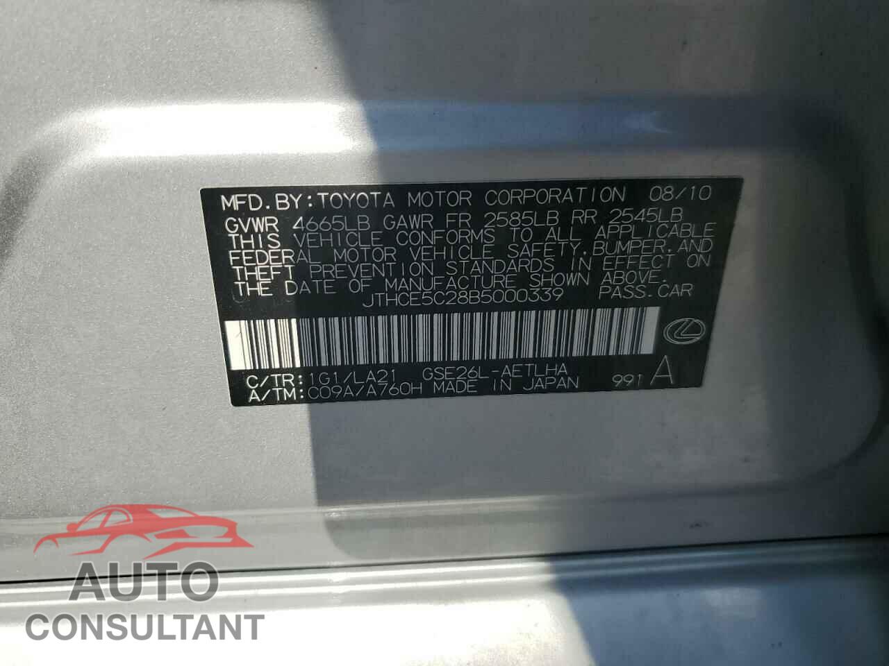 LEXUS IS 2011 - JTHCE5C28B5000339