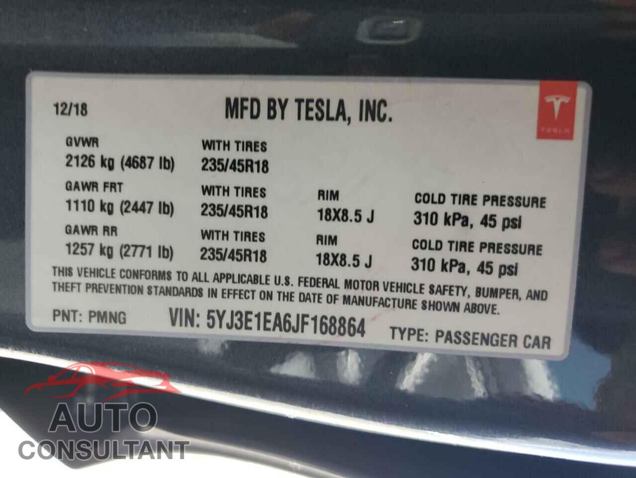 TESLA MODEL 3 2018 - 5YJ3E1EA6JF168864
