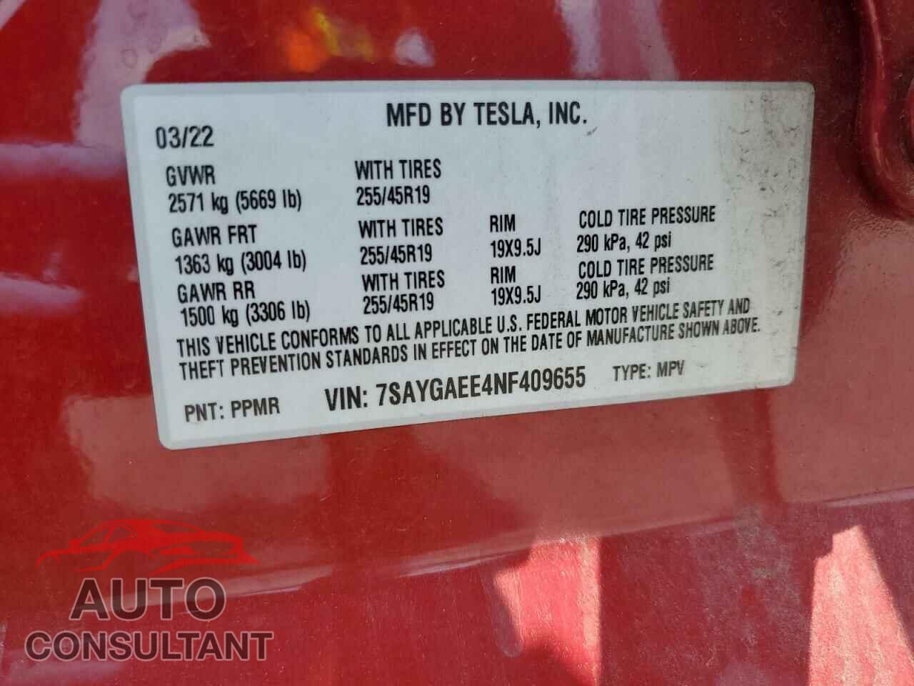 TESLA MODEL Y 2022 - 7SAYGAEE4NF409655