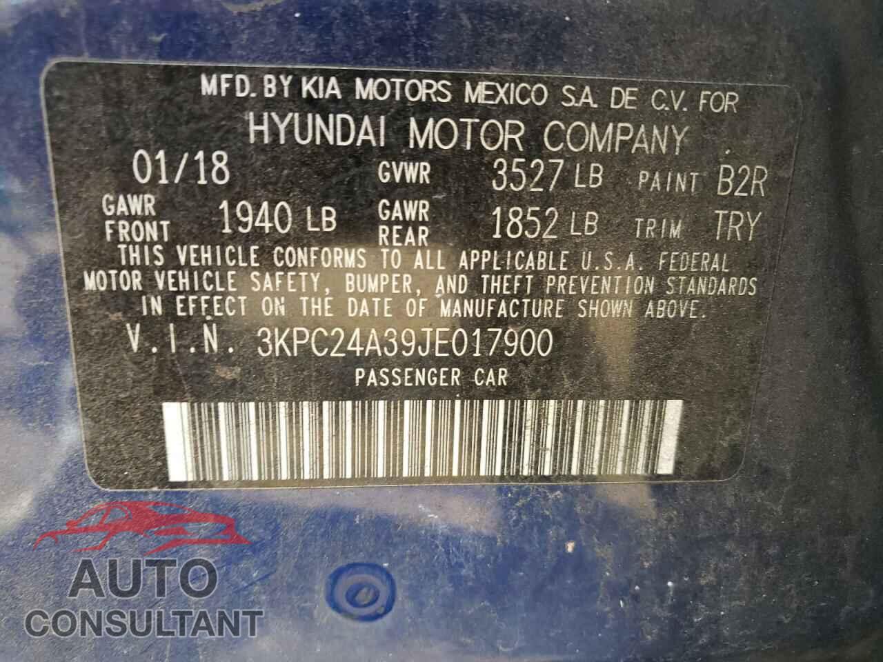 HYUNDAI ACCENT 2018 - 3KPC24A39JE017900