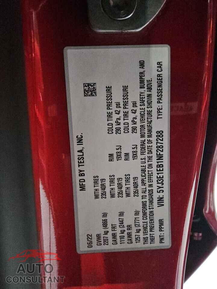 TESLA MODEL 3 2022 - 5YJ3E1EB1NF287288