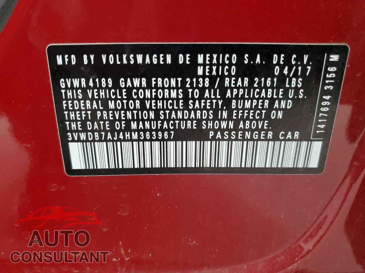 VOLKSWAGEN JETTA 2017 - 3VWDB7AJ4HM363967