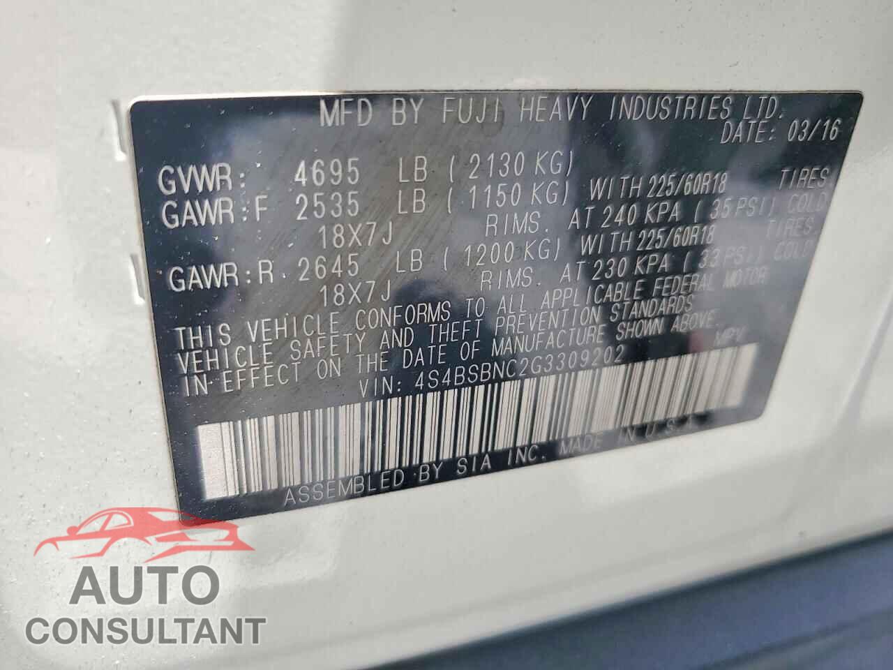 SUBARU OUTBACK 2016 - 4S4BSBNC2G3309202