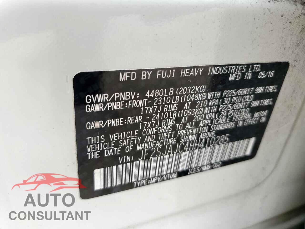 SUBARU FORESTER 2017 - JF2SJAJC4HH410285