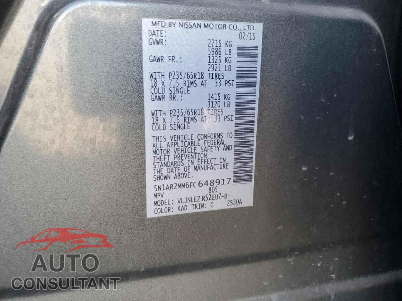 NISSAN PATHFINDER 2015 - 5N1AR2MM6FC648917