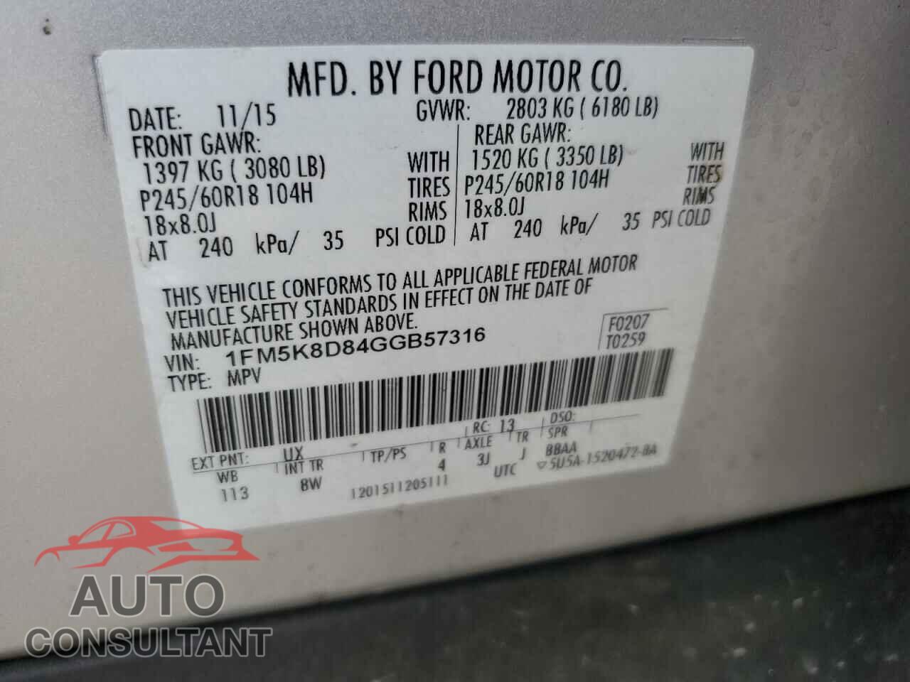 FORD EXPLORER 2016 - 1FM5K8D84GGB57316