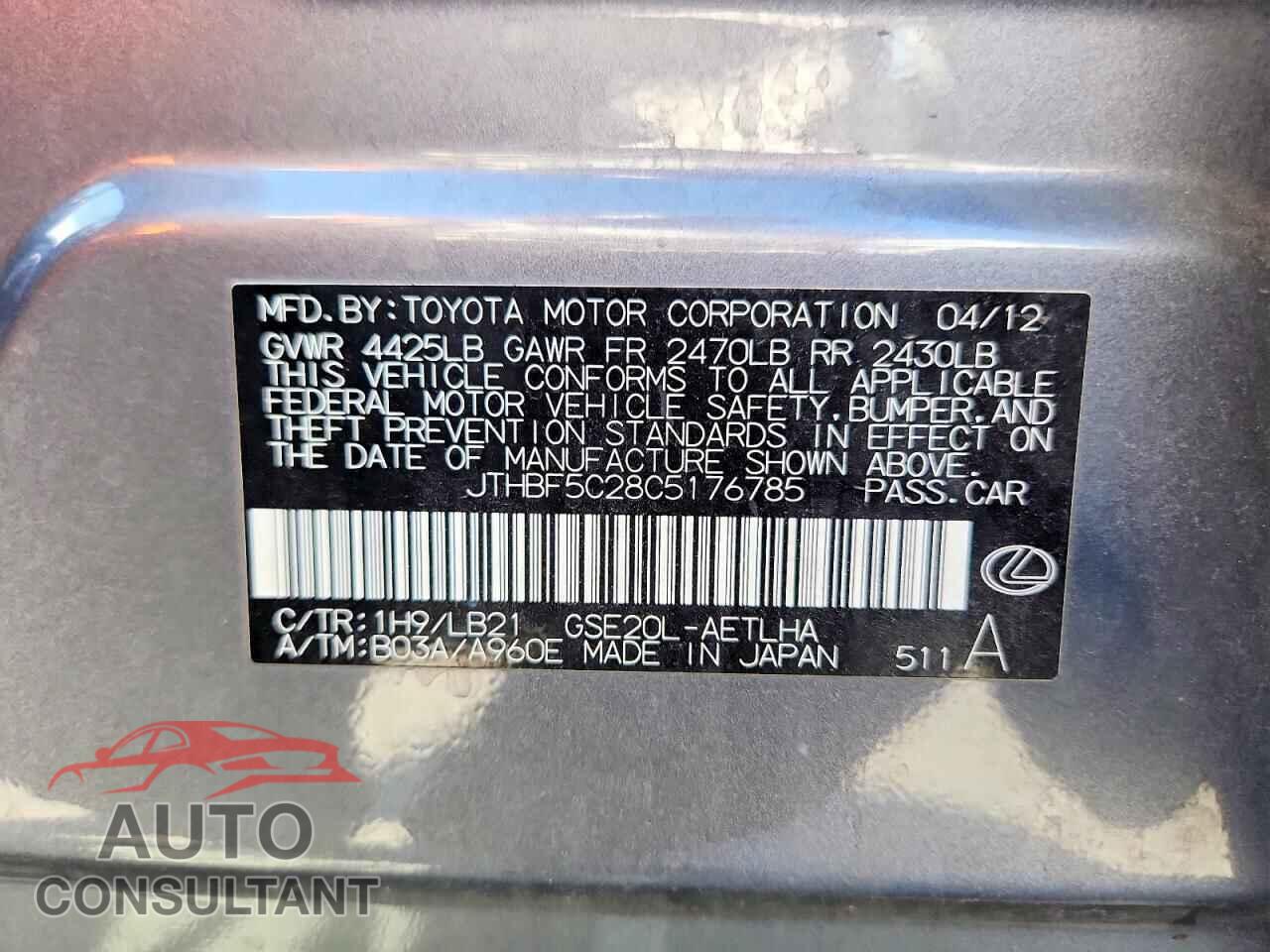 LEXUS IS 2012 - JTHBF5C28C5176785