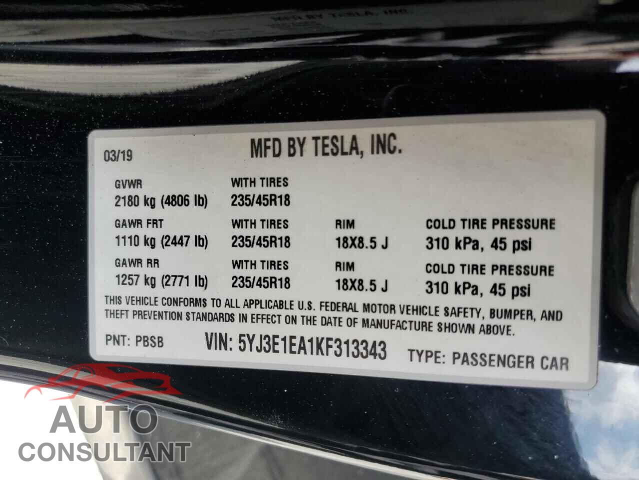 TESLA MODEL 3 2019 - 5YJ3E1EA1KF313343