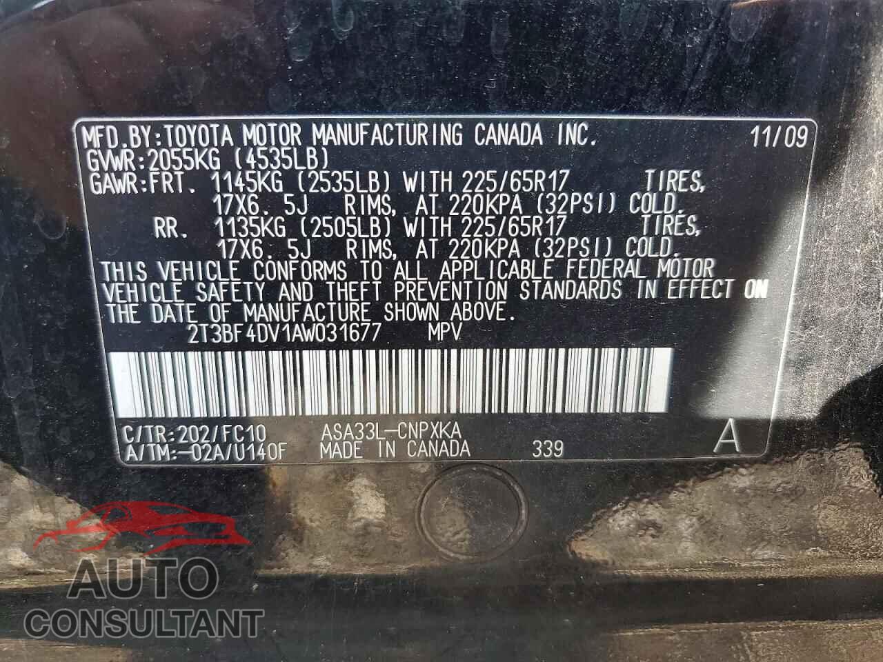 TOYOTA RAV4 2010 - 2T3BF4DV1AW031677