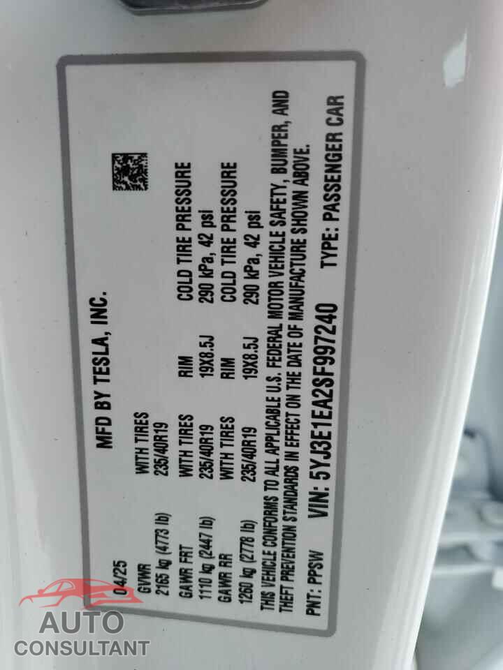 TESLA MODEL 3 2025 - 5YJ3E1EA2SF997240