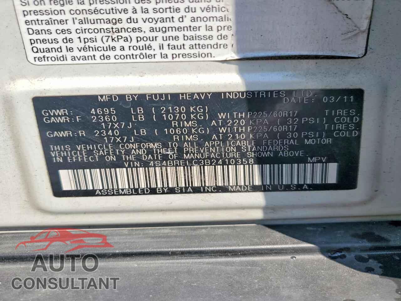 SUBARU OUTBACK 2011 - 4S4BRELC3B2410358
