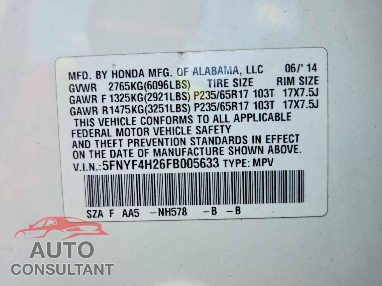 HONDA PILOT 2015 - 5FNYF4H26FB005633