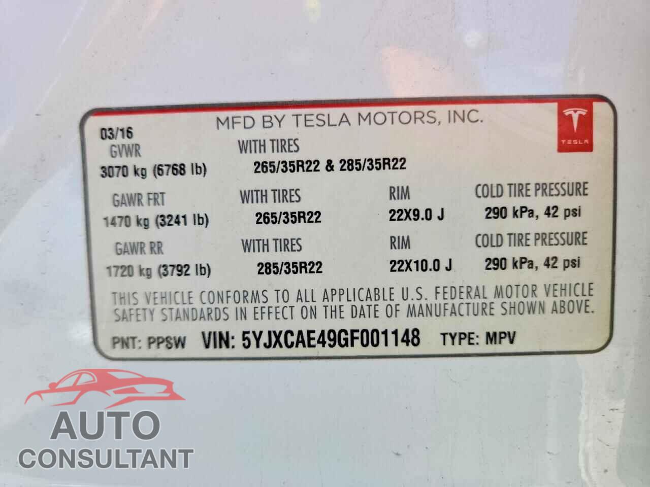 TESLA MODEL X 2016 - 5YJXCAE49GF001148