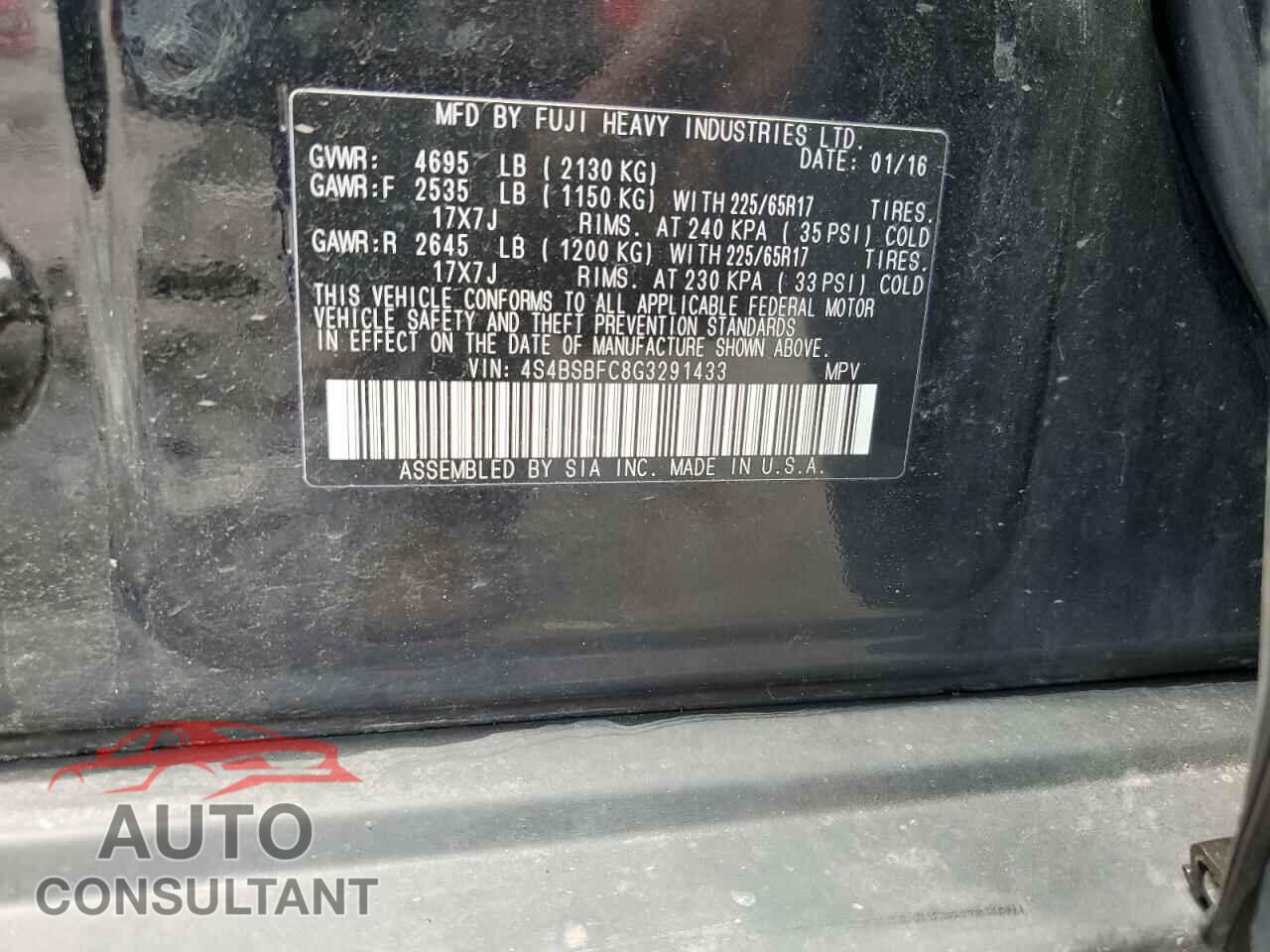 SUBARU OUTBACK 2016 - 4S4BSBFC8G3291433