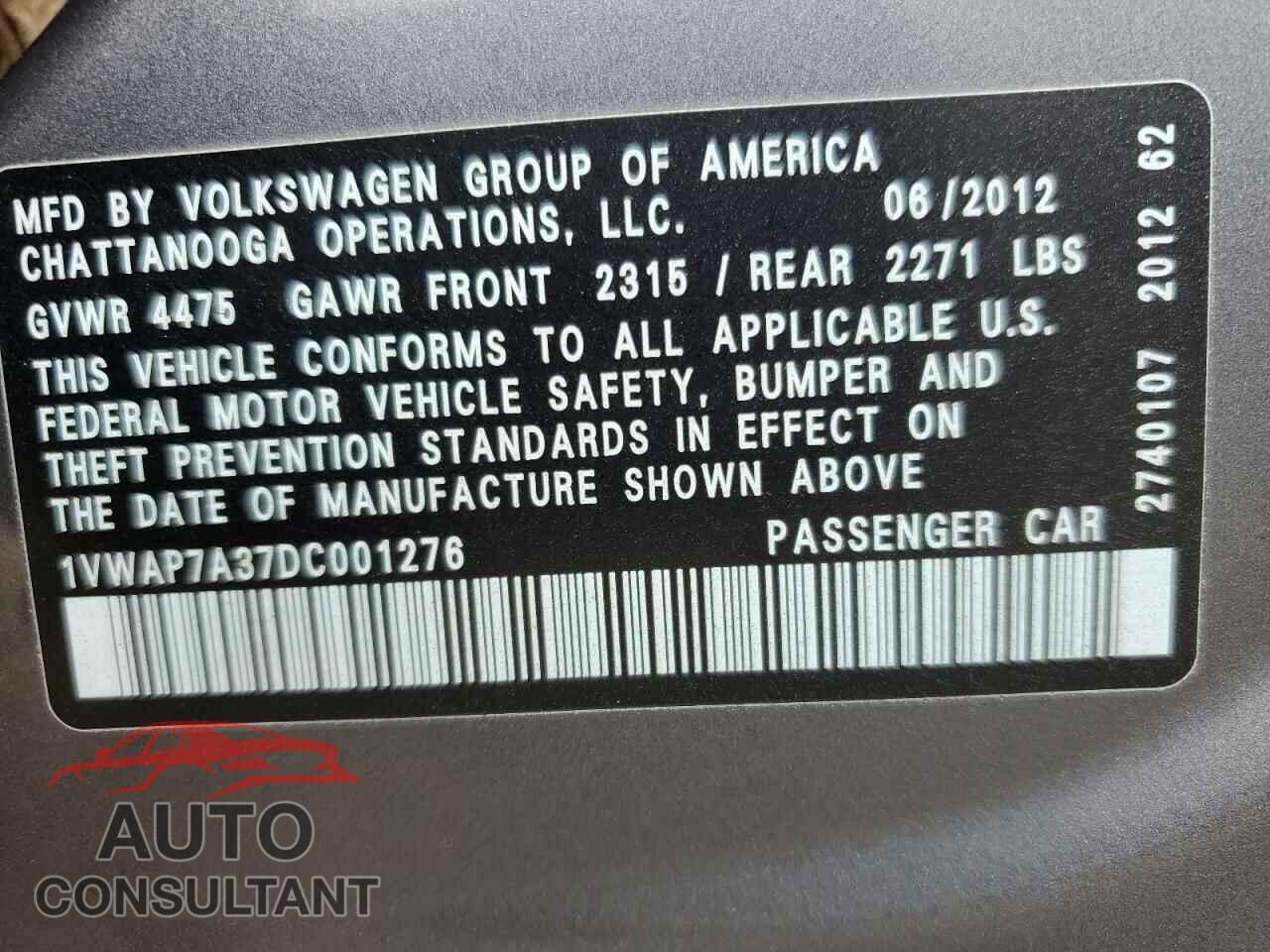 VOLKSWAGEN PASSAT 2013 - 1VWAP7A37DC001276