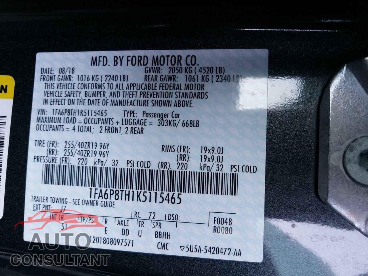 FORD MUSTANG 2019 - 1FA6P8TH1K5115465