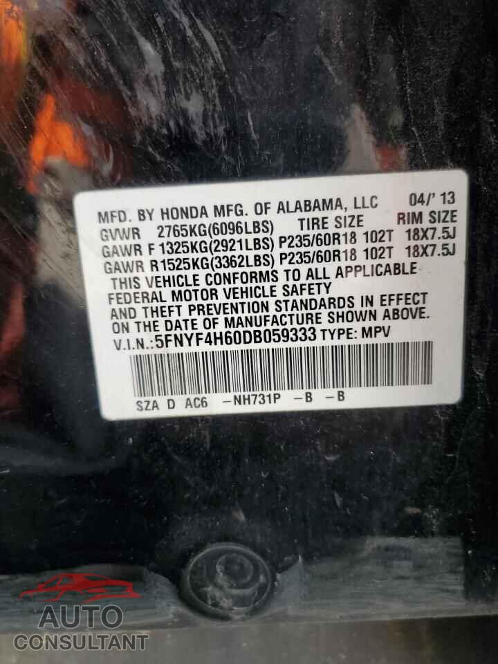 HONDA PILOT 2013 - 5FNYF4H60DB059333
