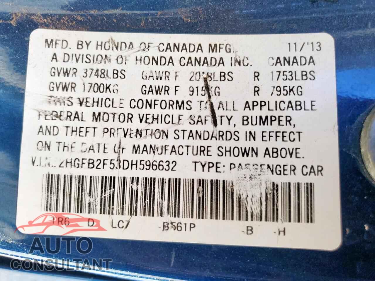 HONDA CIVIC 2013 - 2HGFB2F53DH596632