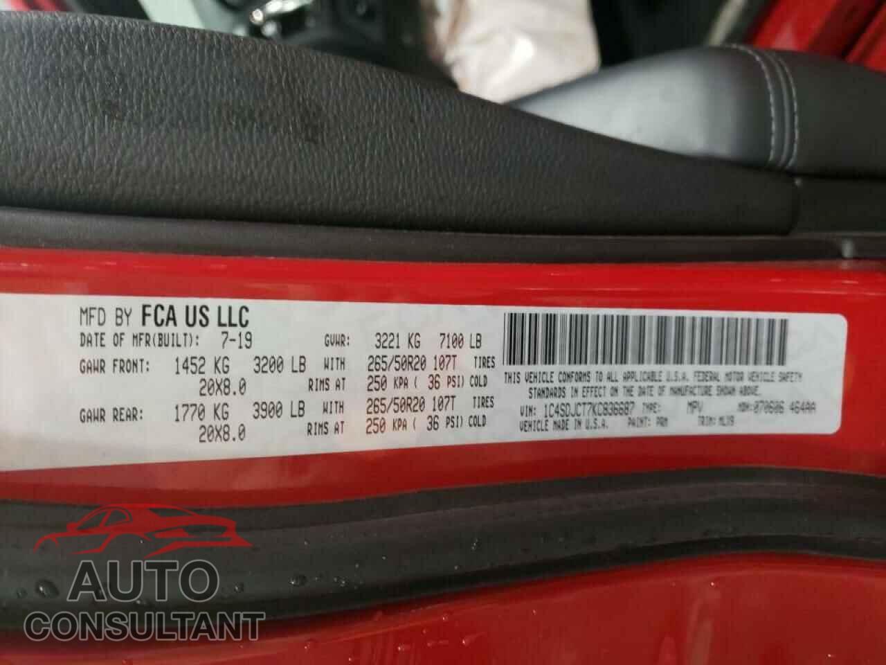DODGE DURANGO 2019 - 1C4SDJCT7KC836687