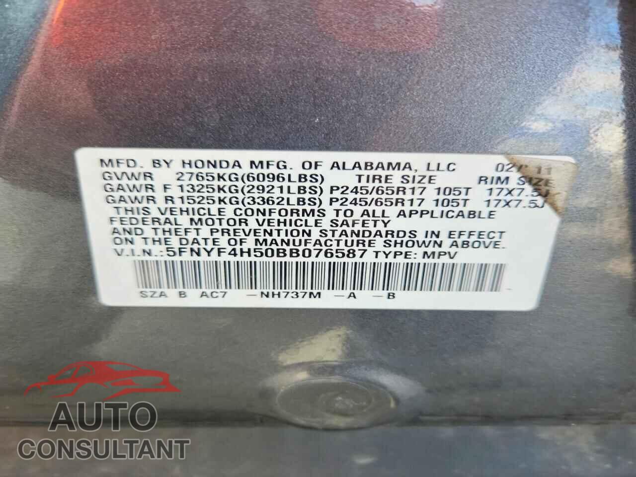 HONDA PILOT 2011 - 5FNYF4H50BB076587