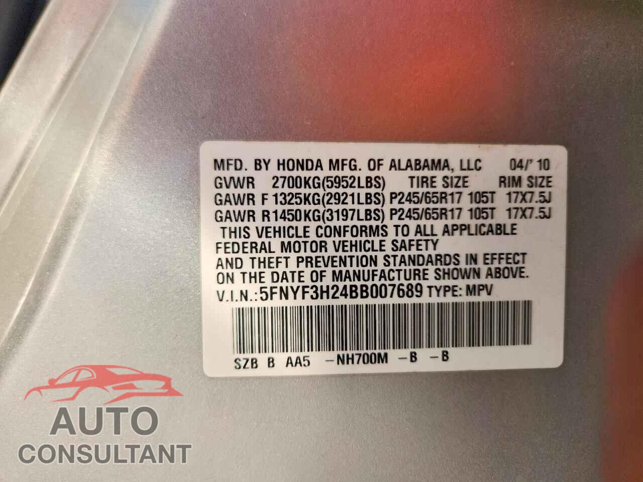 HONDA PILOT 2011 - 5FNYF3H24BB007689