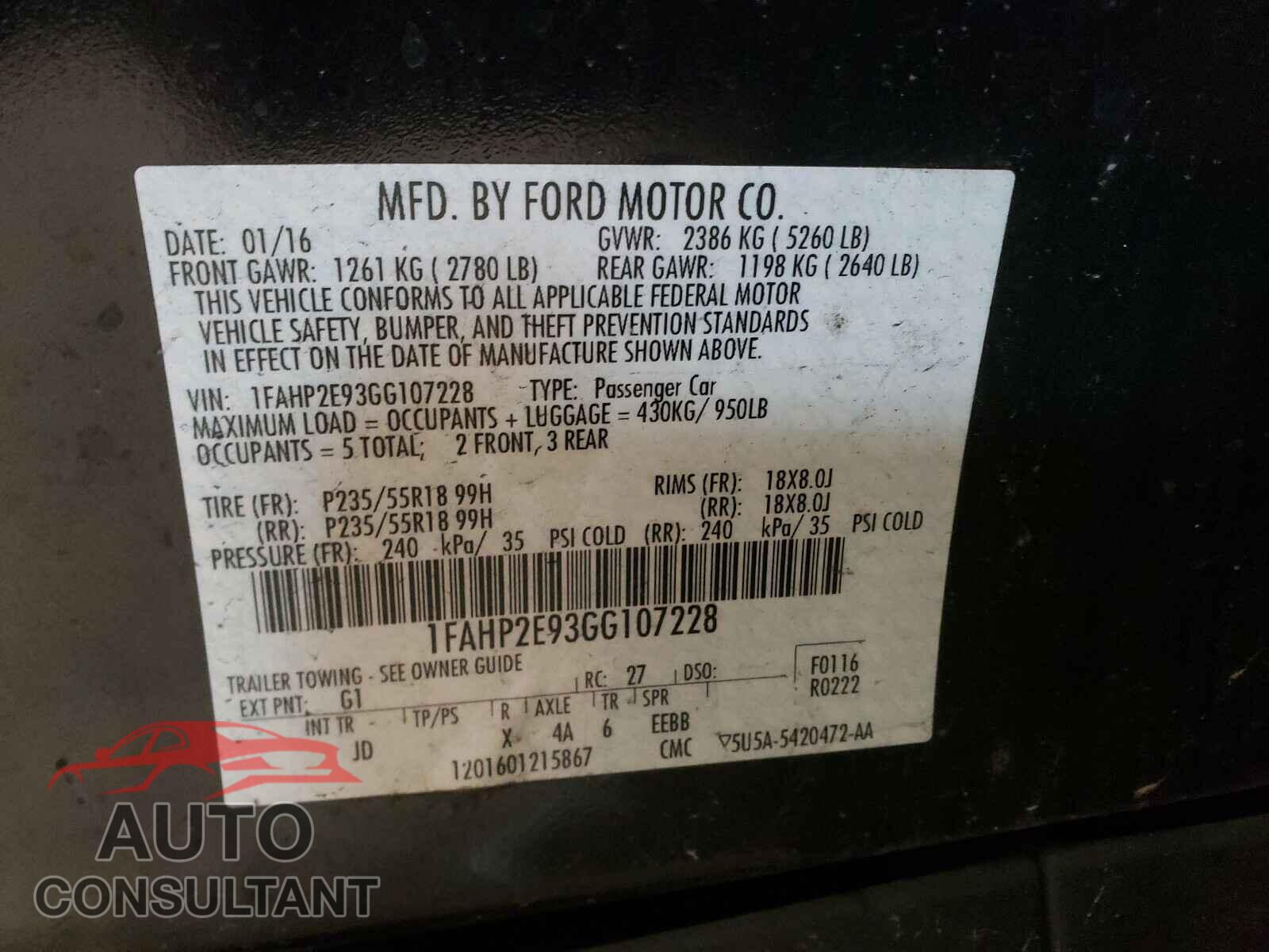 FORD TAURUS 2016 - 1FAHP2E93GG107228