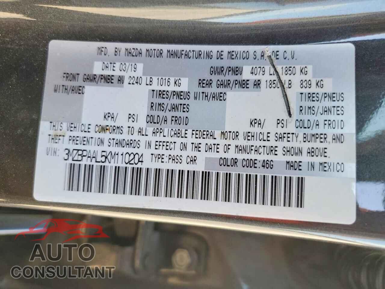 MAZDA 3 2019 - 3MZBPAAL5KM110204