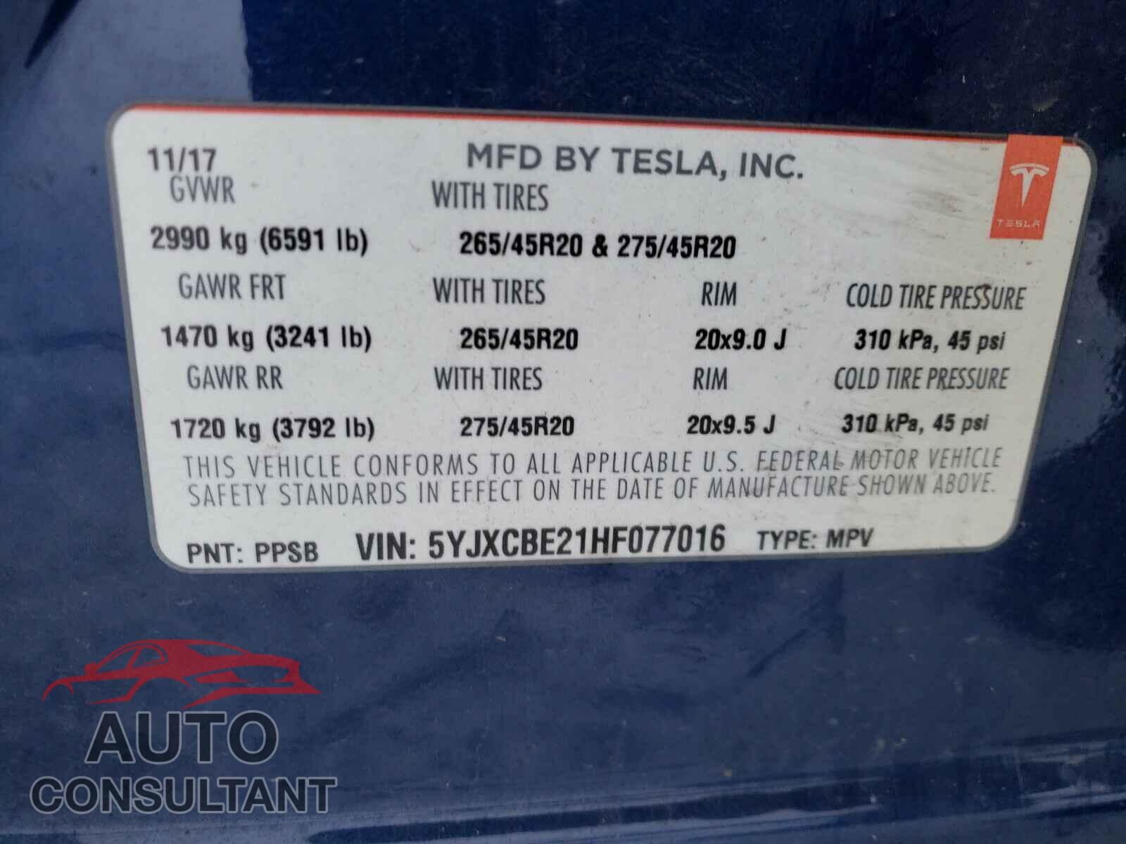 TESLA MODEL X 2017 - 5YJXCBE21HF077016