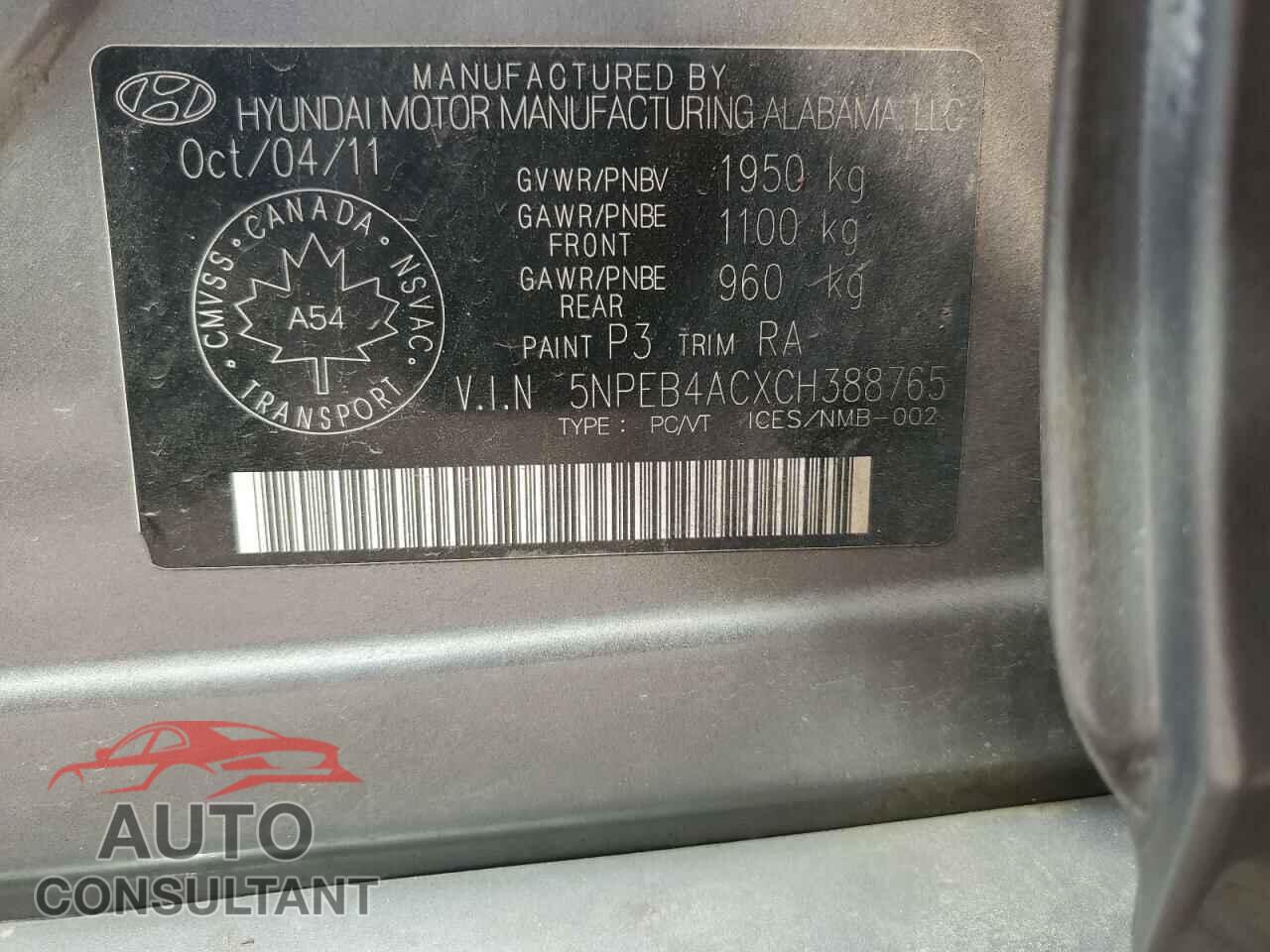 HYUNDAI SONATA 2012 - 5NPEB4ACXCH388765