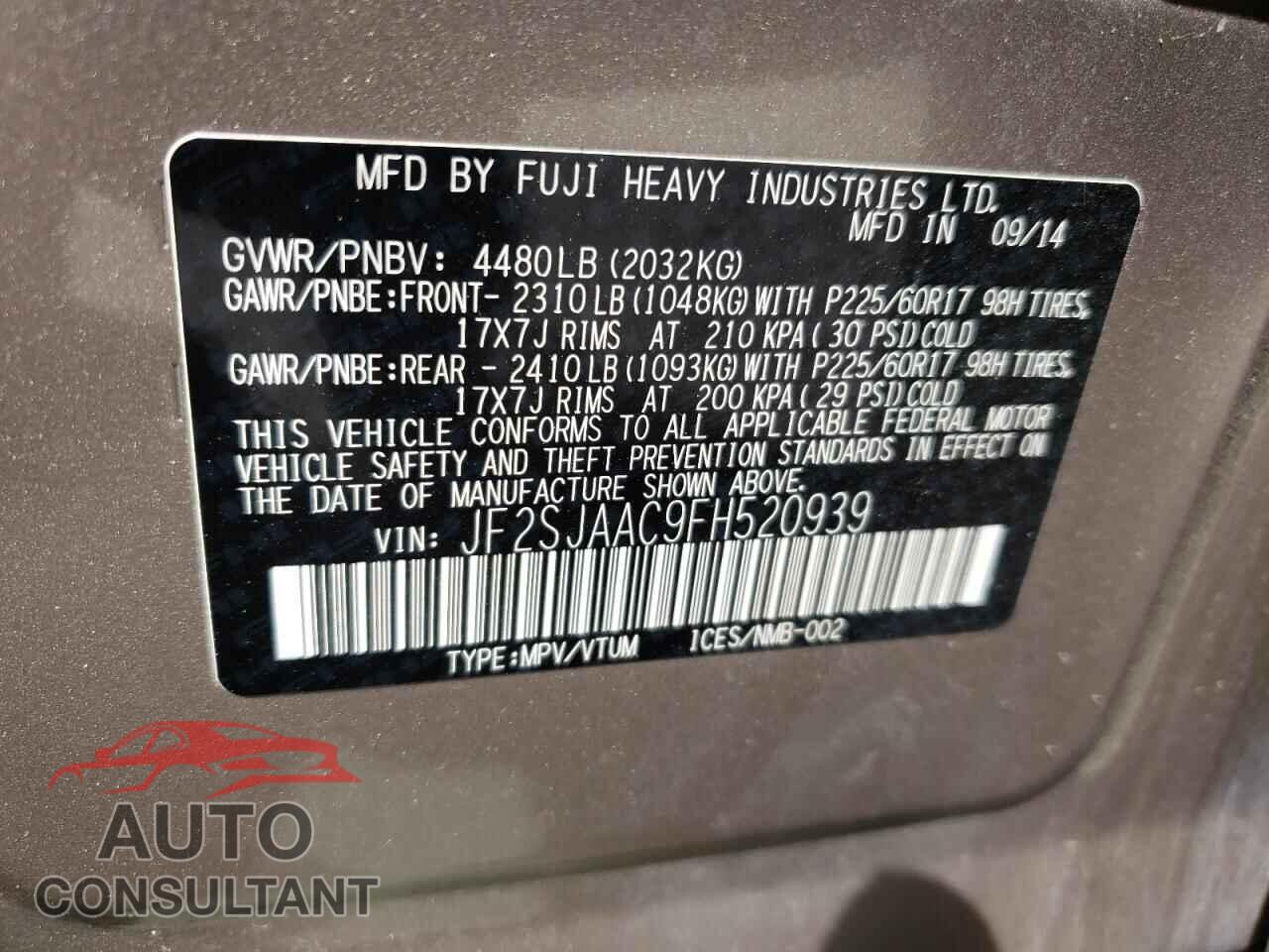 SUBARU FORESTER 2015 - JF2SJAAC9FH520939