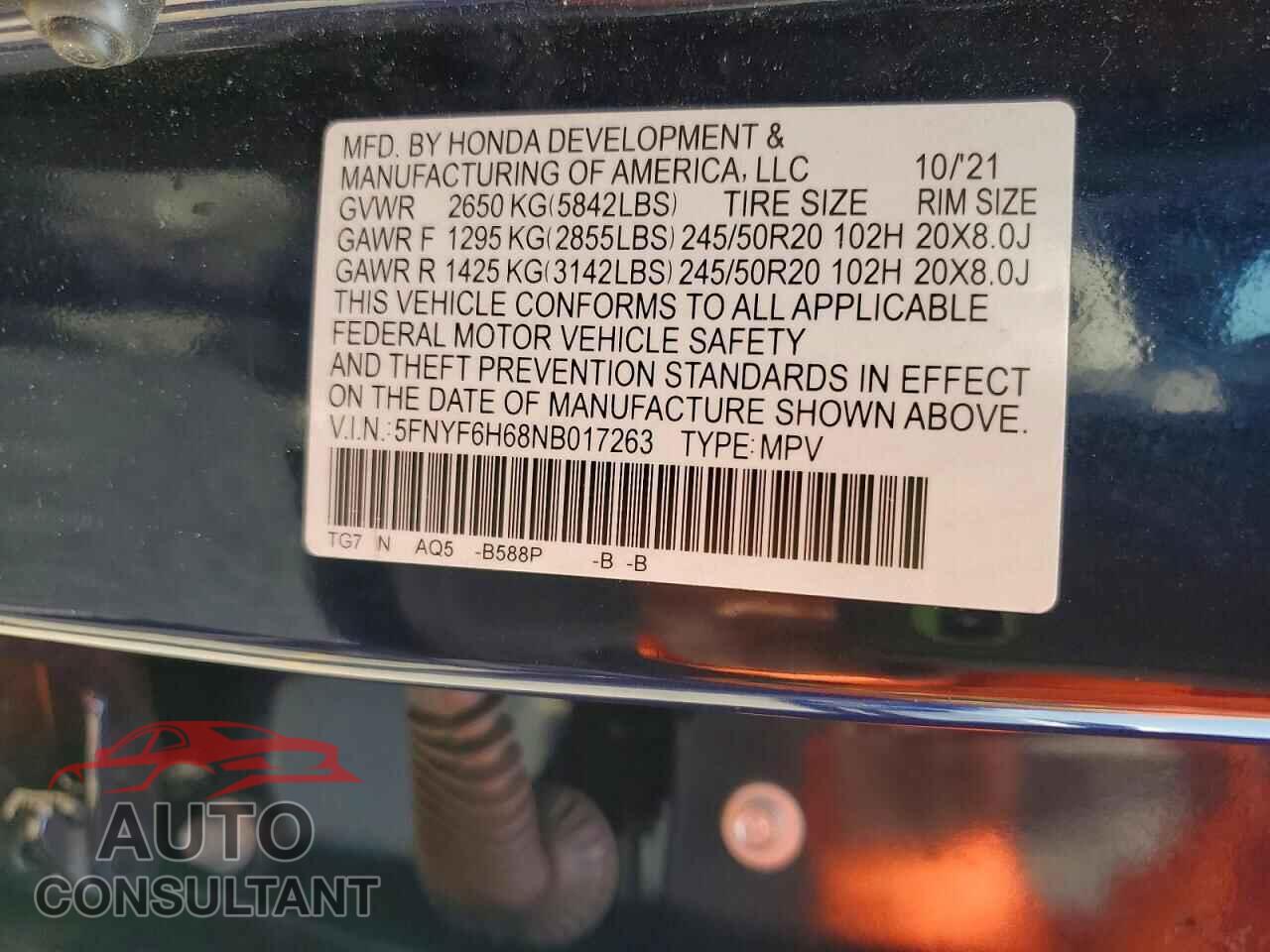 HONDA PILOT 2022 - 5FNYF6H68NB017263