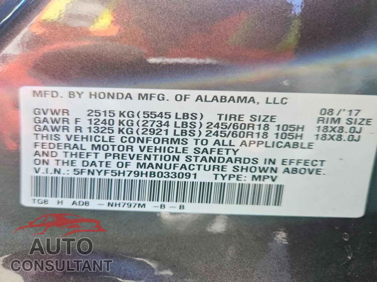 HONDA PILOT 2017 - 5FNYF5H79HB033091