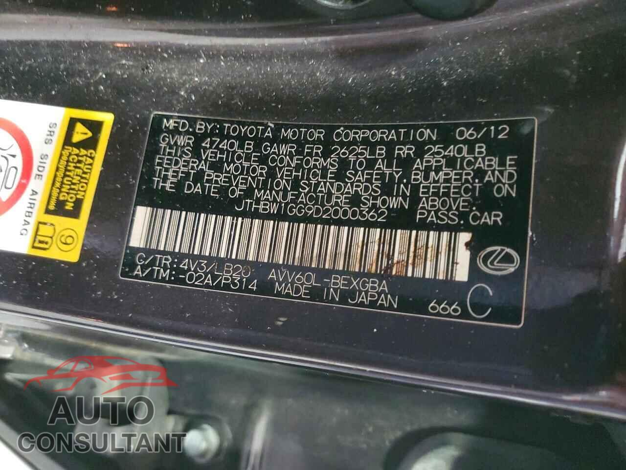 LEXUS ES300 2013 - JTHBW1GG9D2000362