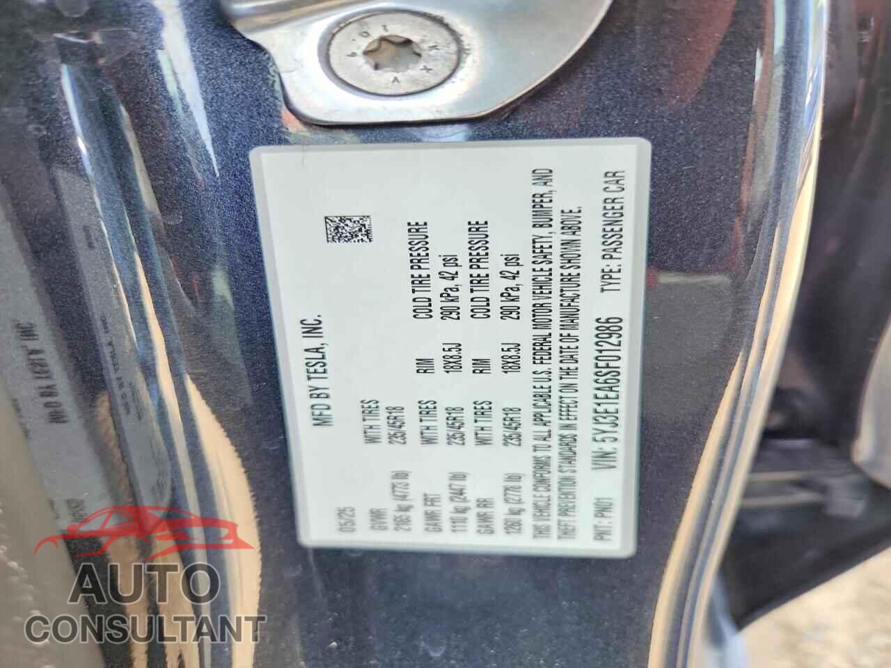 TESLA MODEL 3 2025 - 5YJ3E1EA6SF012986