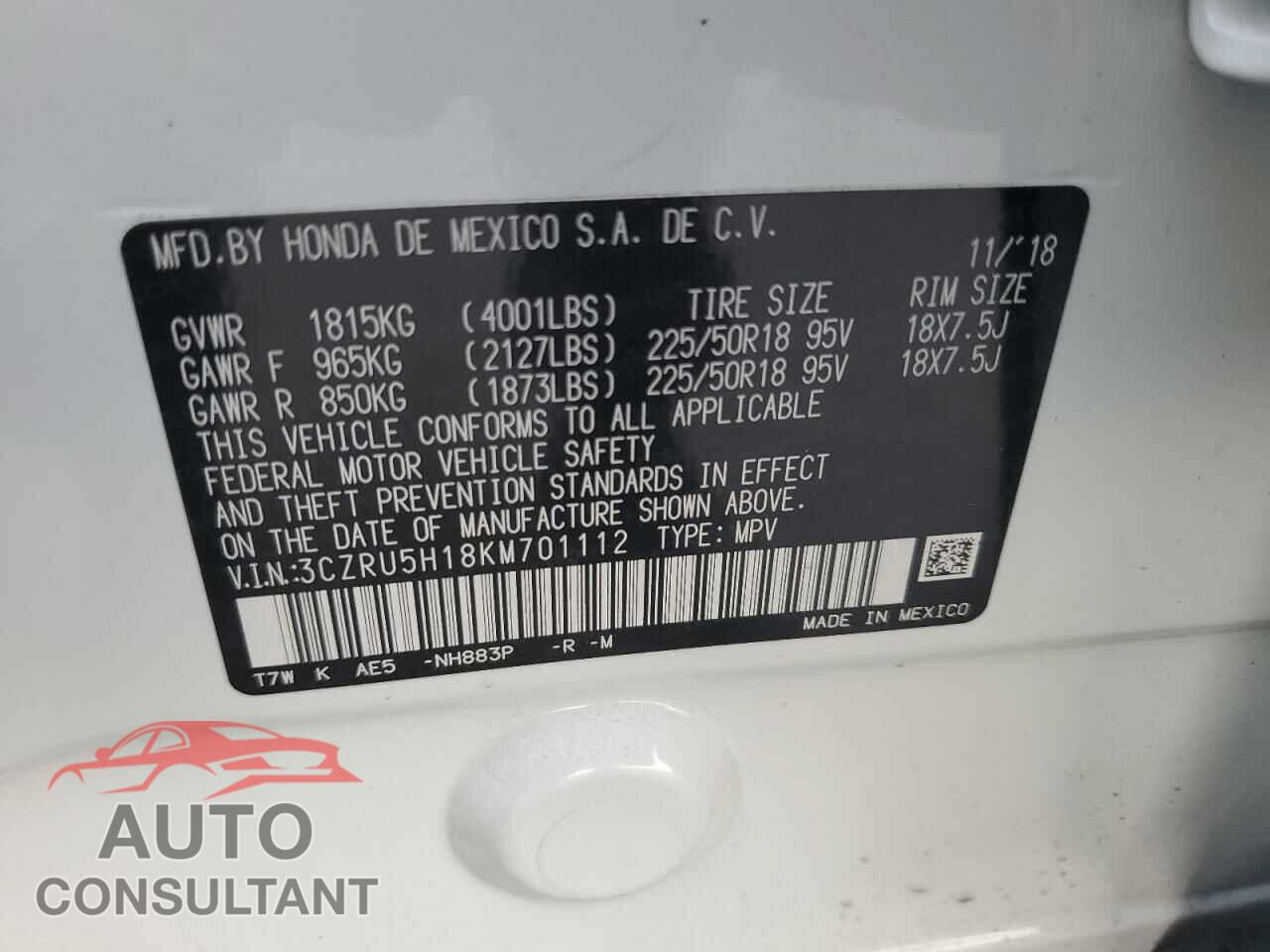 HONDA HR-V 2019 - 3CZRU5H18KM701112